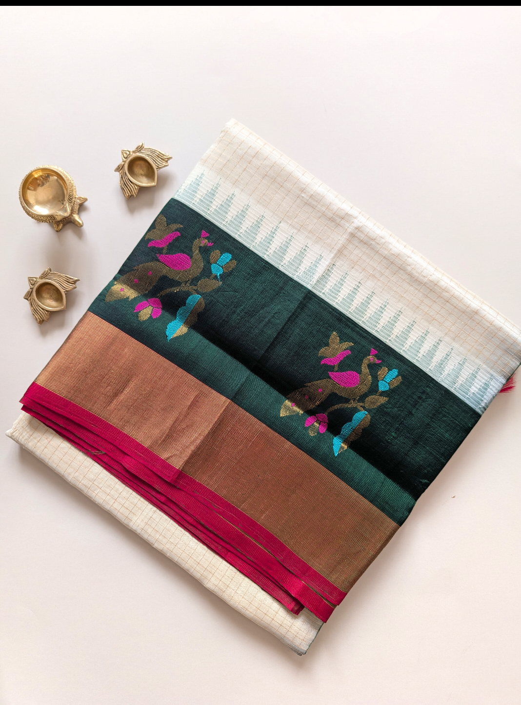 Off White Peacock Big Border Pure Kanchi Silk Cotton