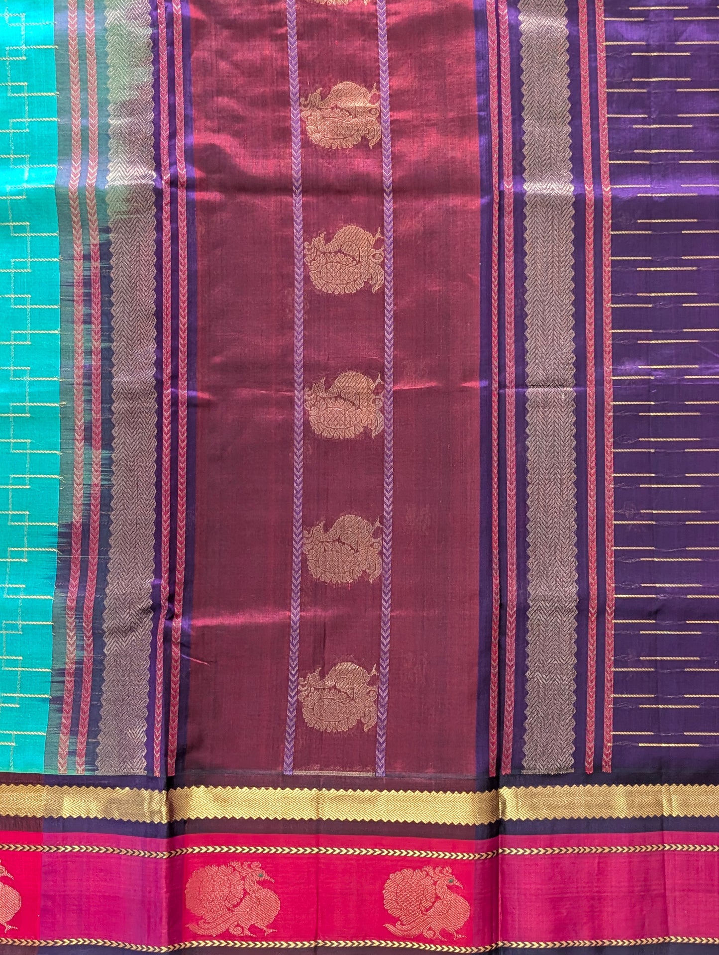 Turquoise with Red Peacock Big Border Pure Kanchi Silk Cotton