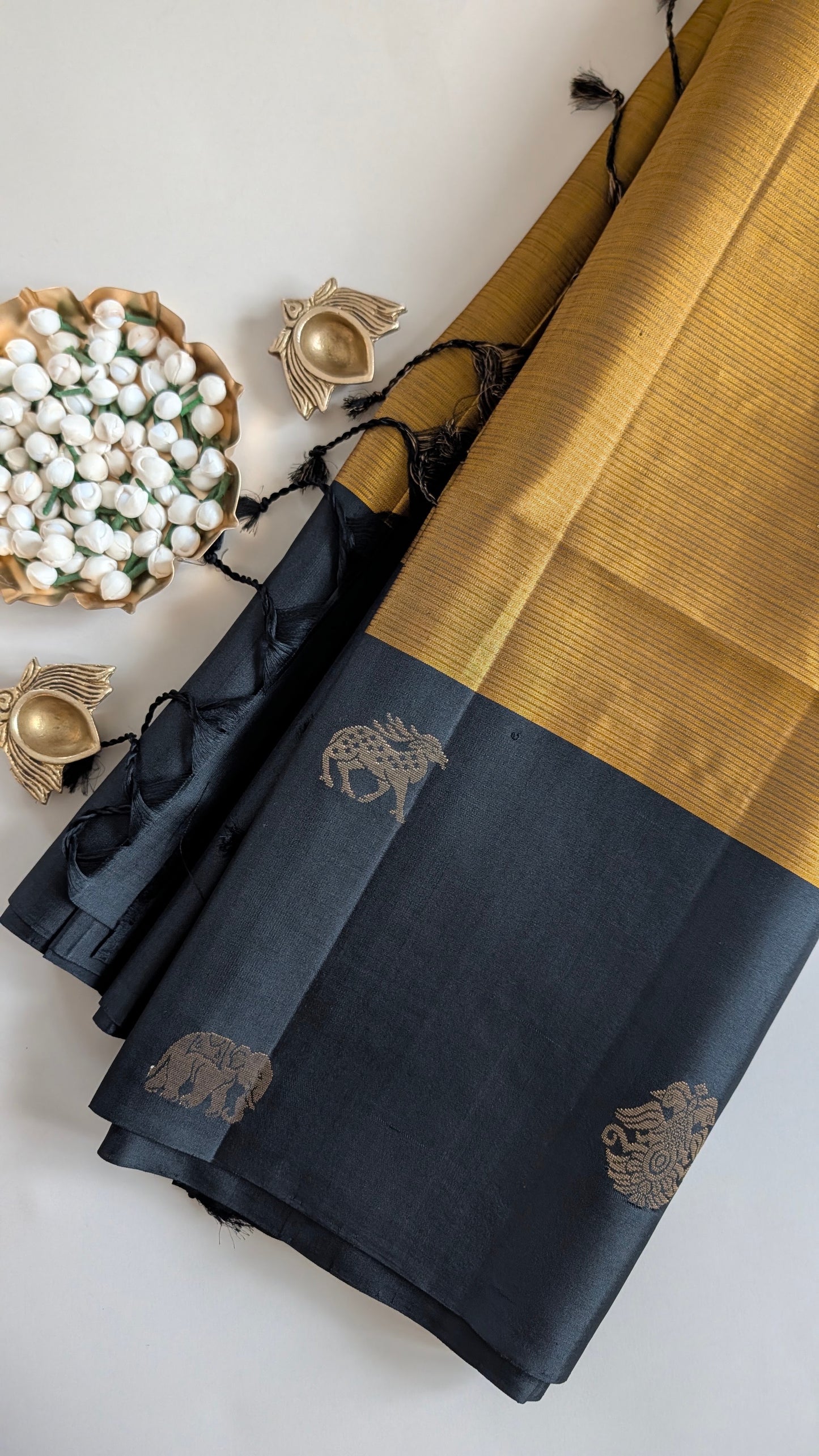 Borderless Golden Yellow with Black Pure Soft Silk Saree