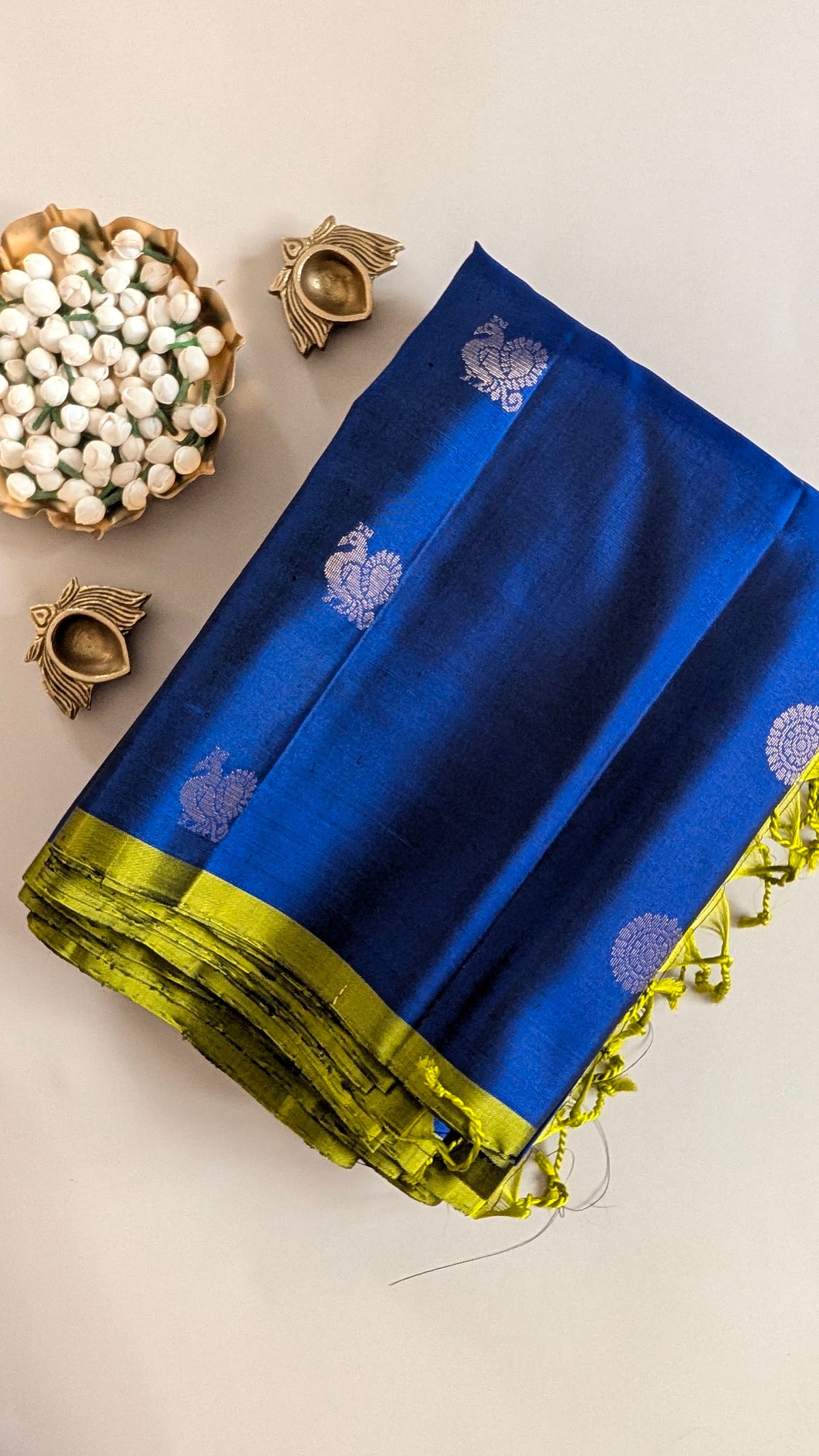 Blue with Green Mayil Chakram Pure Soft Silk Saree