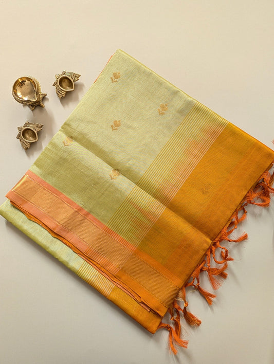 Pastel Green With Orange Pure Kanchi Silk Cotton Saree with Buttas
