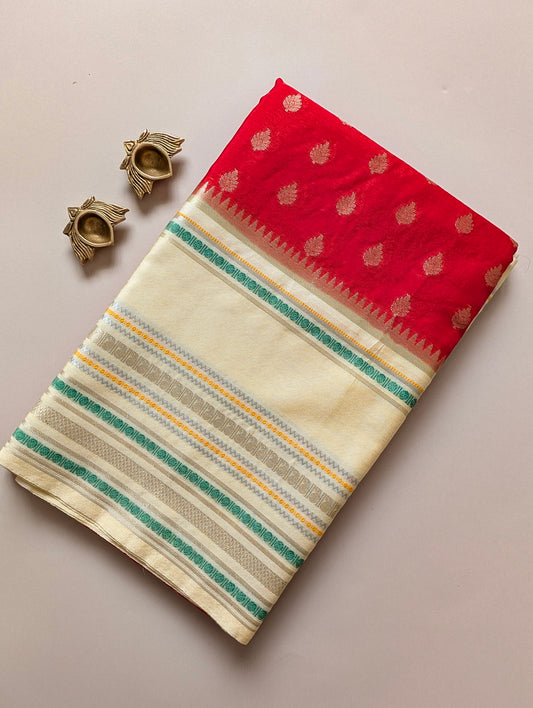 Red and Beige Banarasi Warm Silk Saree