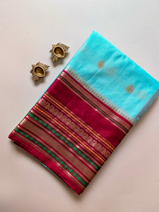Cyan Blue with Maroon Warm Silk Saree