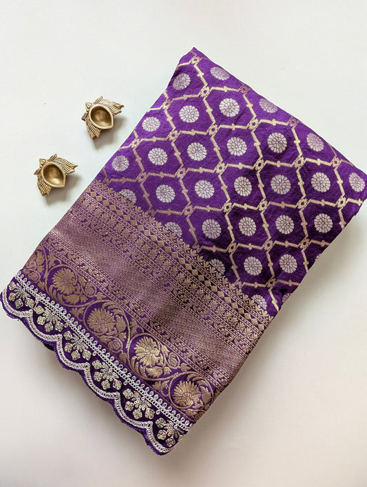 Purple Semi Banarasi Silk Saree with Scallop Border