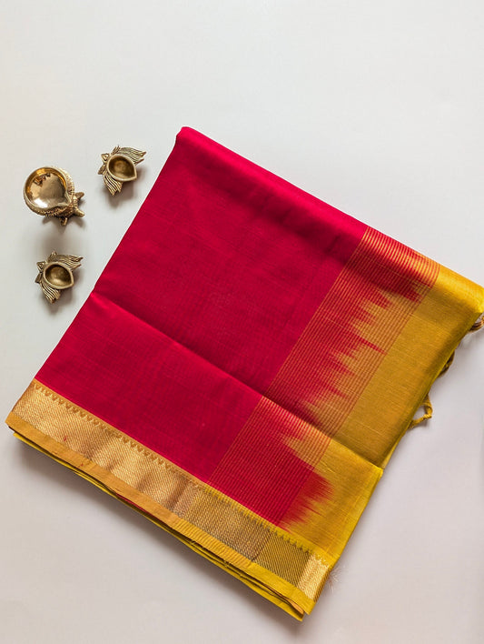 Kumkum Red with Turmeric Yellow Pure Kanchi Silk Cotton Saree