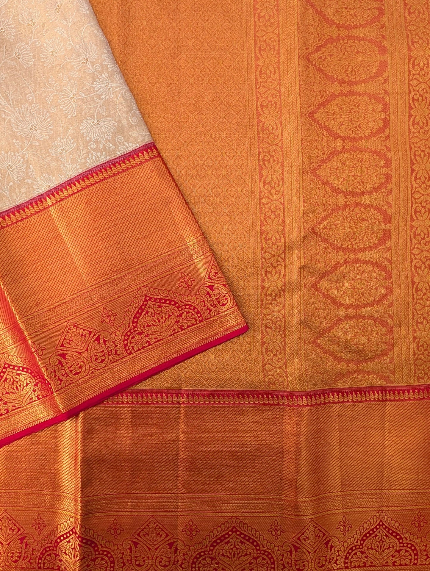 Cream and Red Dandelion Brocade Kanjeevaram Silk Saree