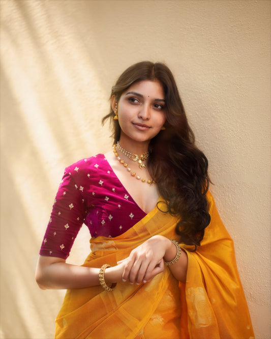 Golden Yellow Pichwai Semi Tissue Silk saree