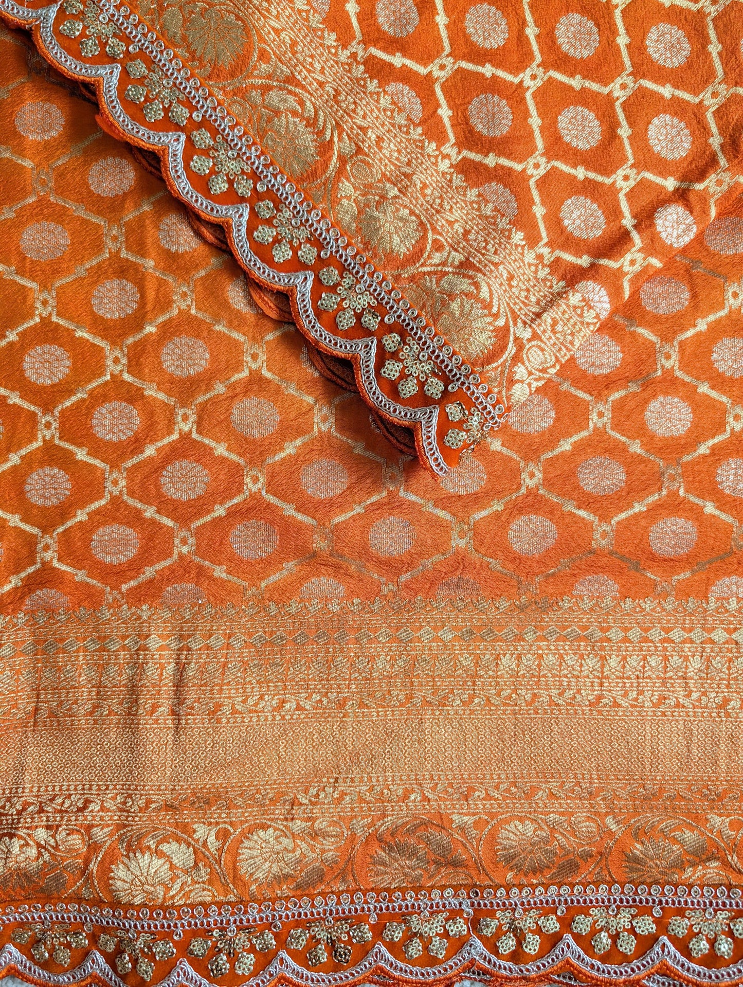 Ananya Maam Inspired Orange Semi Banarasi Silk Saree with Scallop Border