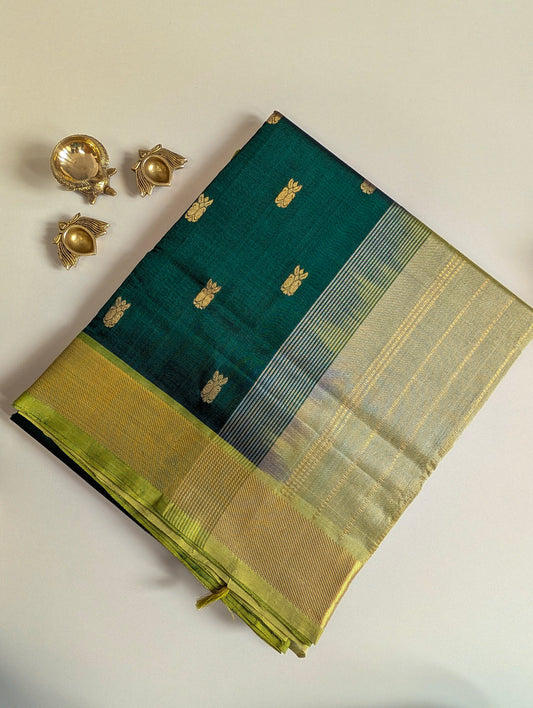 Bottle green with leaf green Kanchi silk cotton saree
