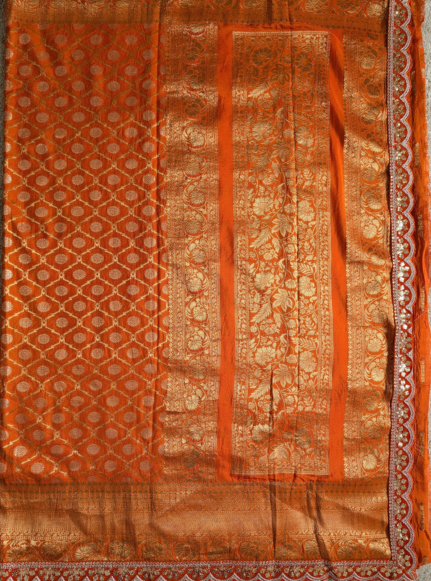 Ananya Maam Inspired Orange Semi Banarasi Silk Saree with Scallop Border