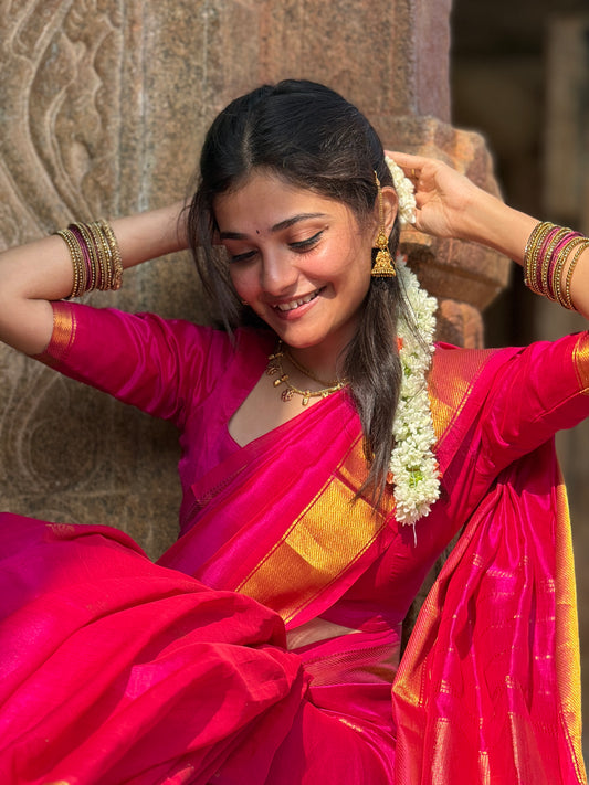 Pink Pure Kanchi Silk cotton Saree with Buttas