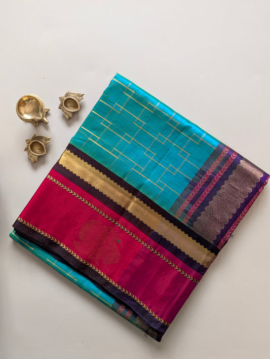 Turquoise with Red Peacock Big Border Pure Kanchi Silk Cotton