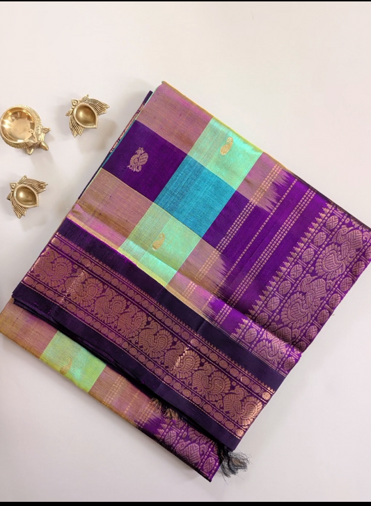 Purple and Teal Checks with Peacock motifs Pure Kanchi Silk Cotton
