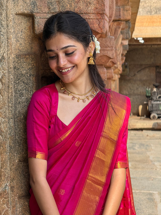 Pink Pure Kanchi Silk cotton Saree with Buttas