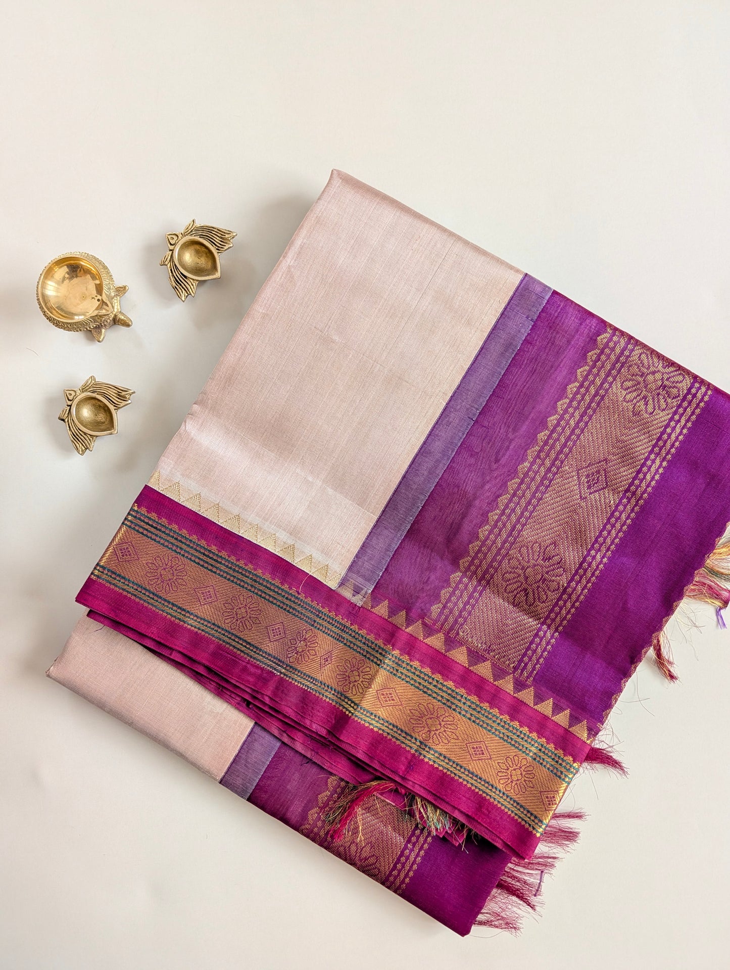 Beige with Purple Pure Kanchi Silk Cotton