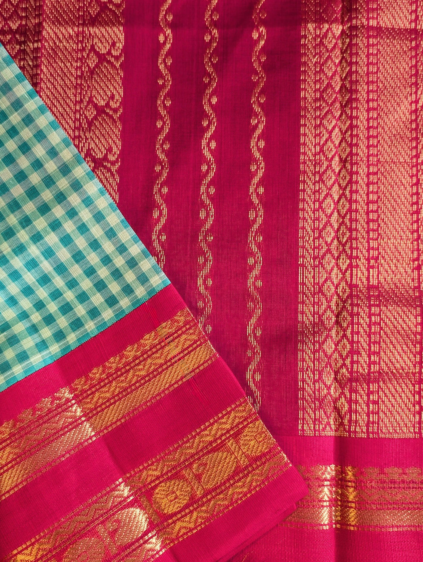 Green and white checks with red border kanchi silk saree