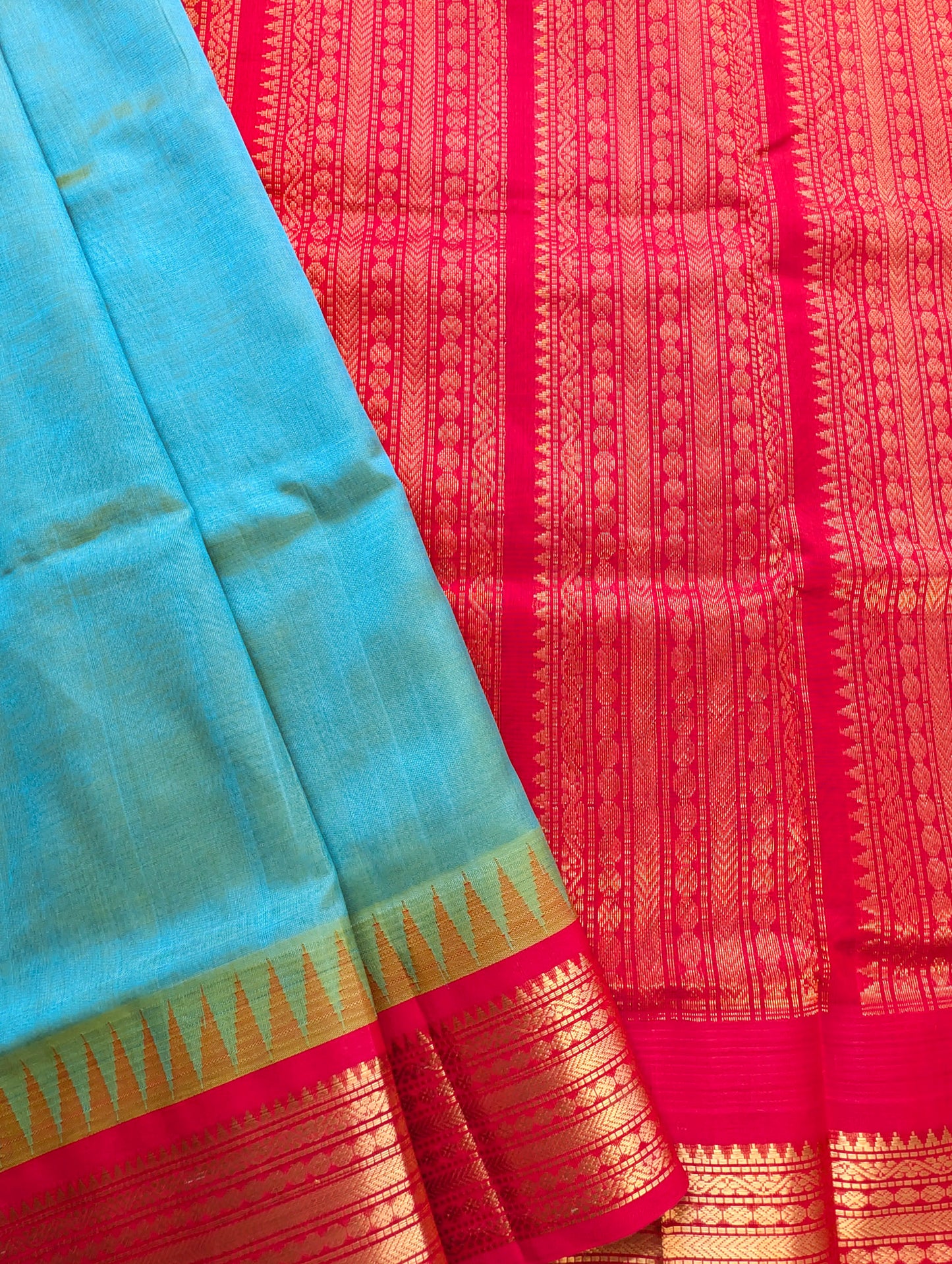 Blue with Red Temple border Pure Kanchi Silk Cotton Saree