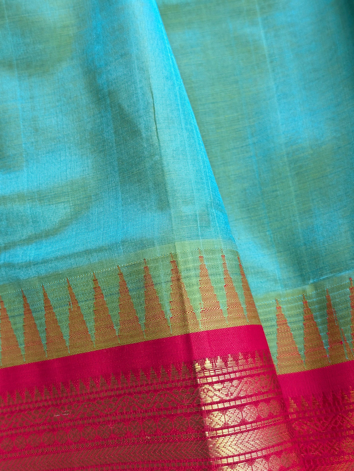 Blue with Red Temple border Pure Kanchi Silk Cotton Saree