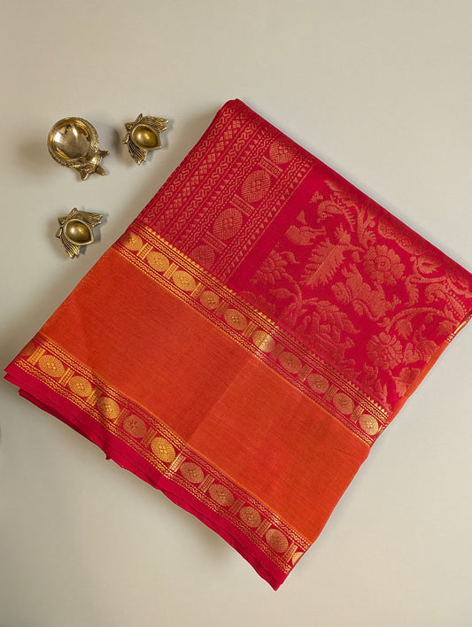Red and orange full motifs Pure kanchi silk cotton