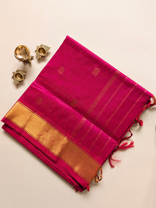 Pink Pure Kanchi Silk cotton Saree with Buttas