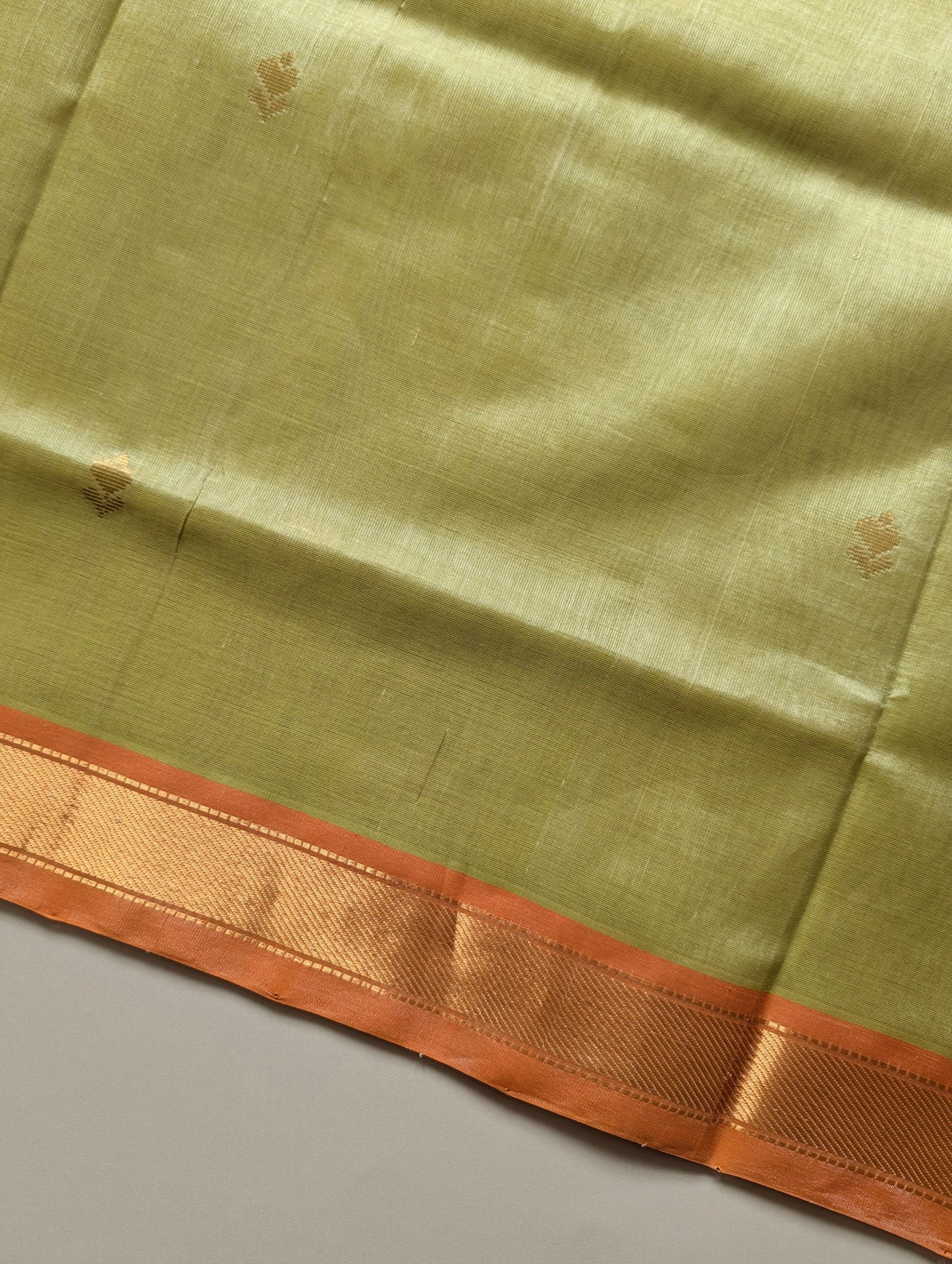 Pastel Green With Orange Pure Kanchi Silk Cotton Saree with Buttas