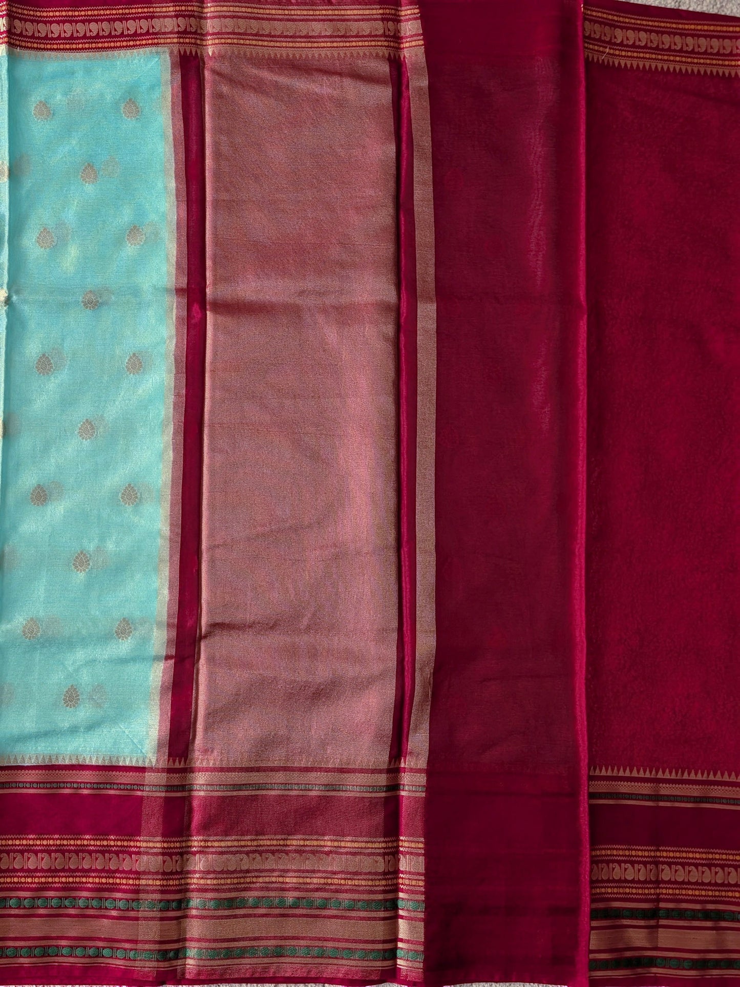 Cyan Blue with Maroon Warm Silk Saree