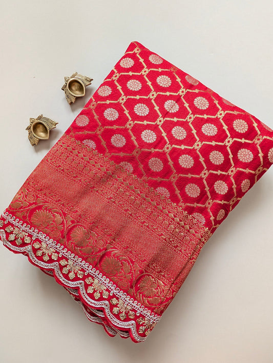 Semi Banarasi Silk Saree with Scallop Border