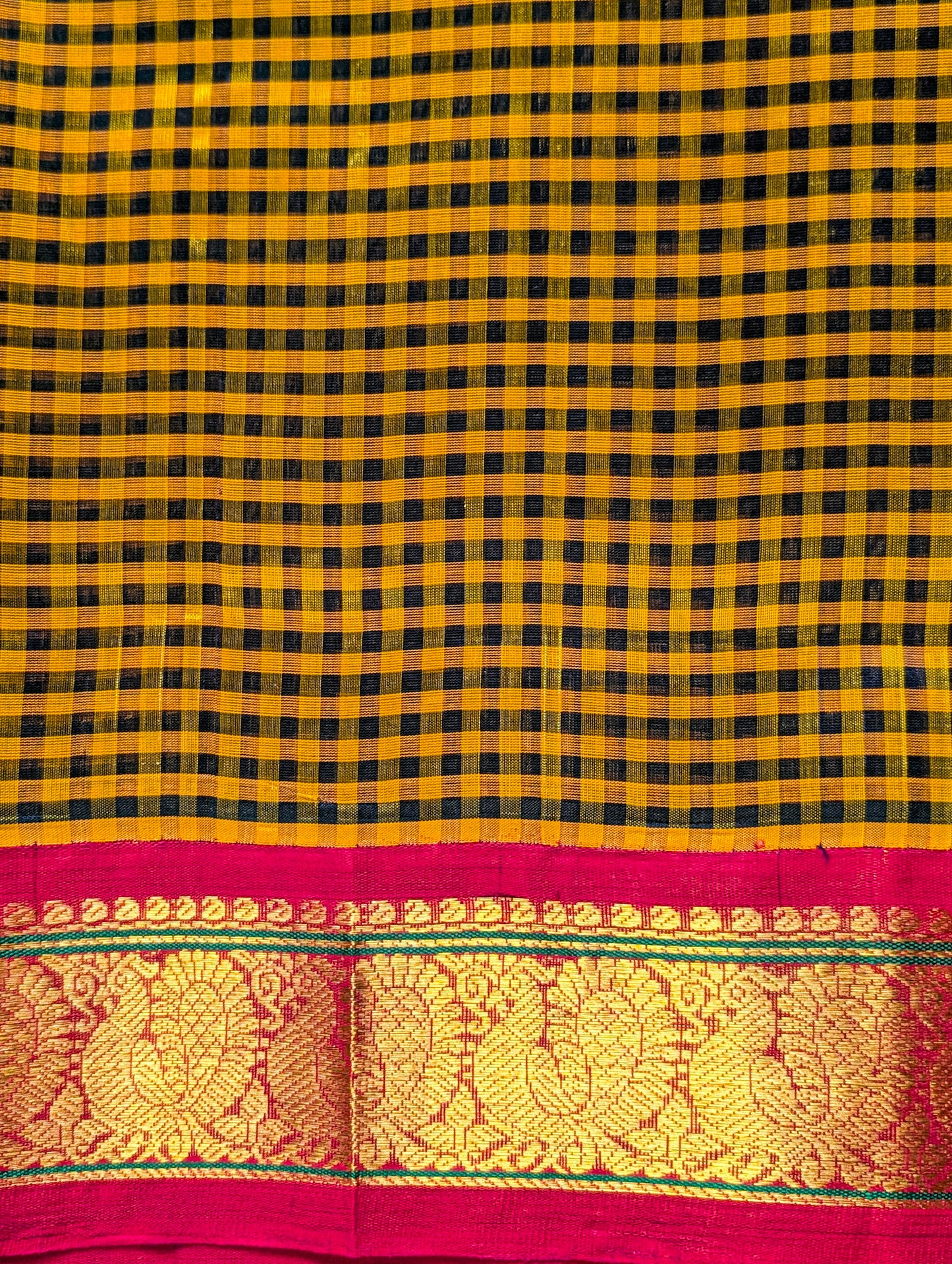 Yellow and black checks with pink peacock border
