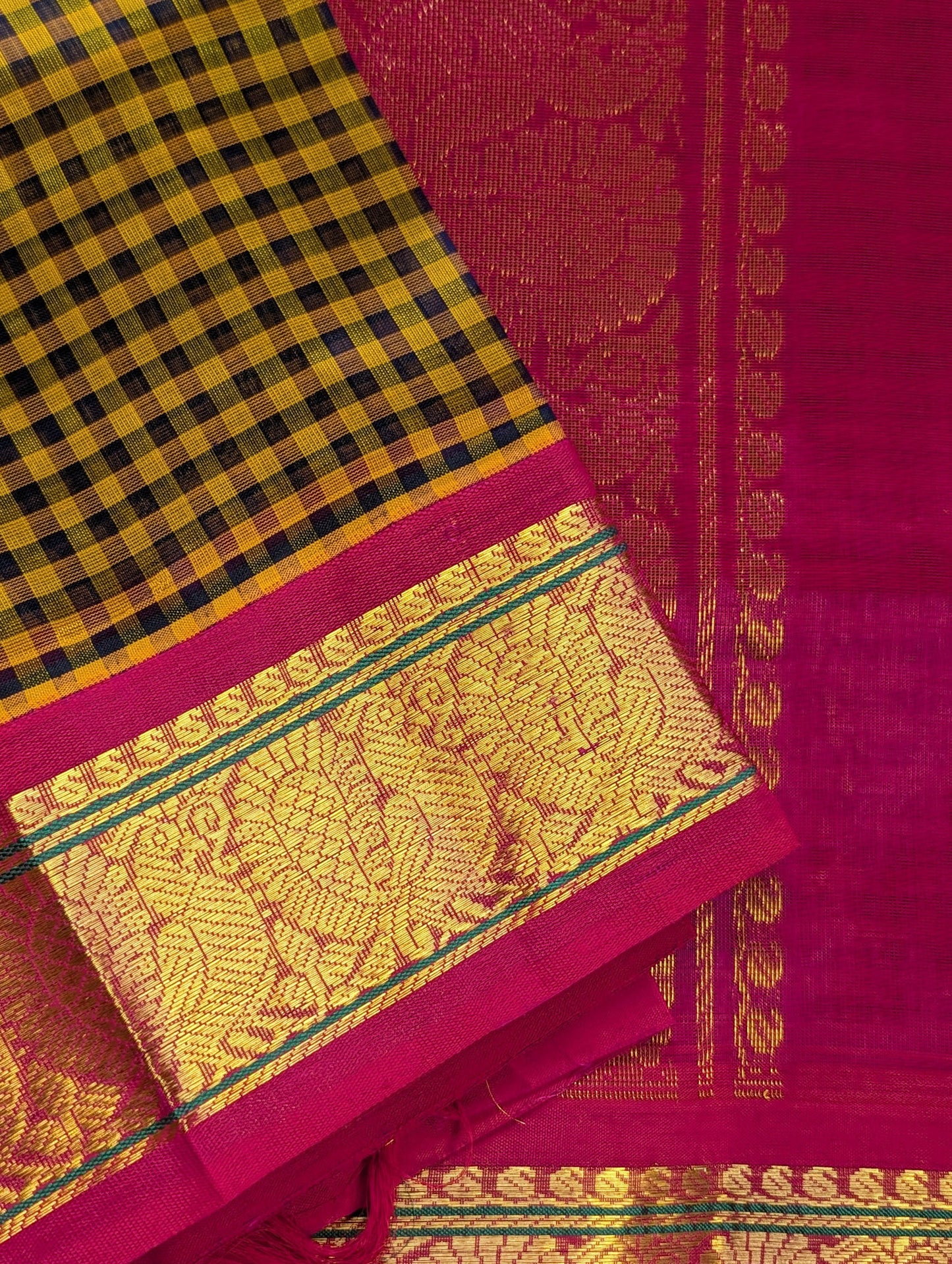 Yellow and black checks with pink peacock border