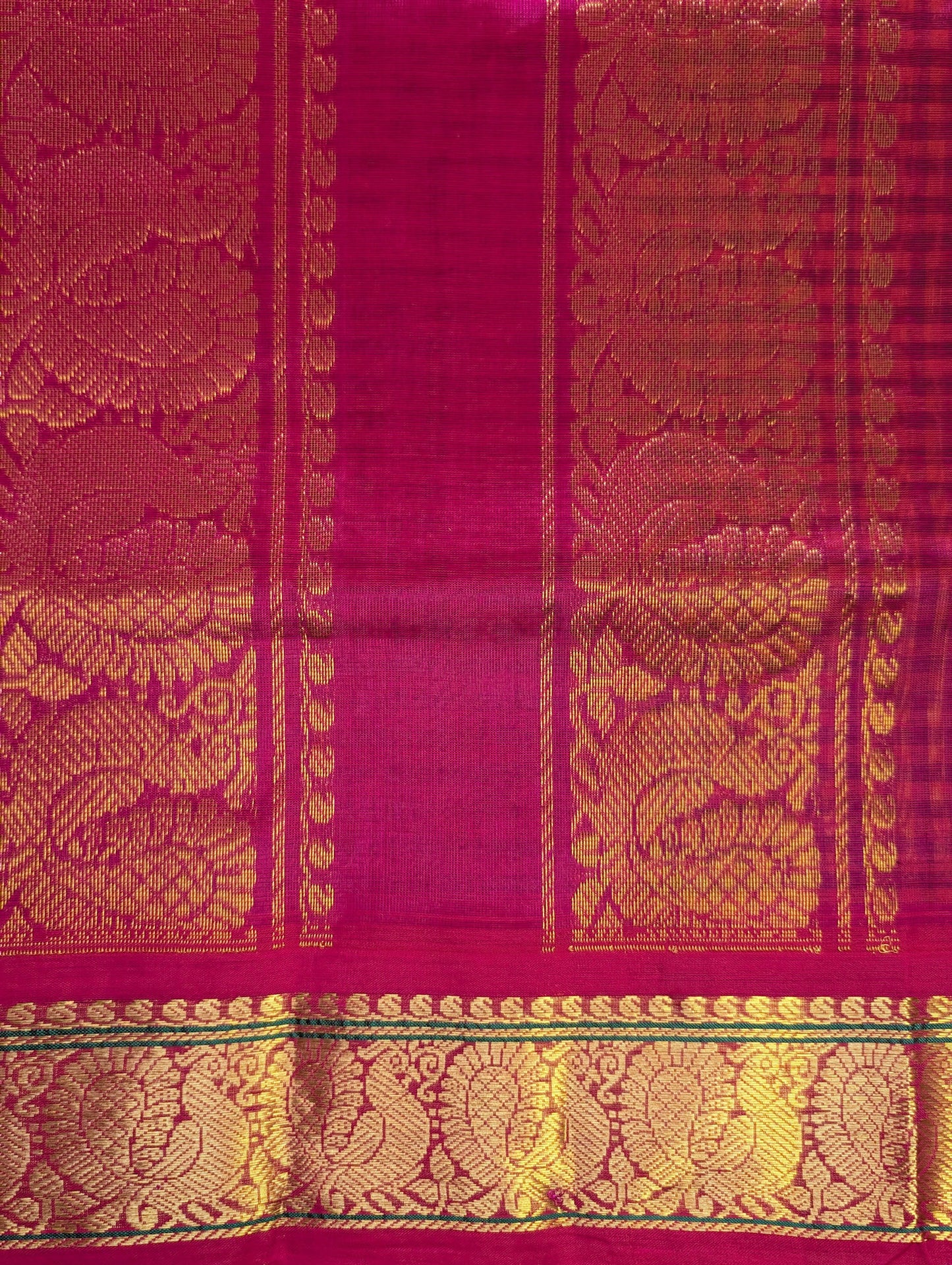 Yellow and black checks with pink peacock border