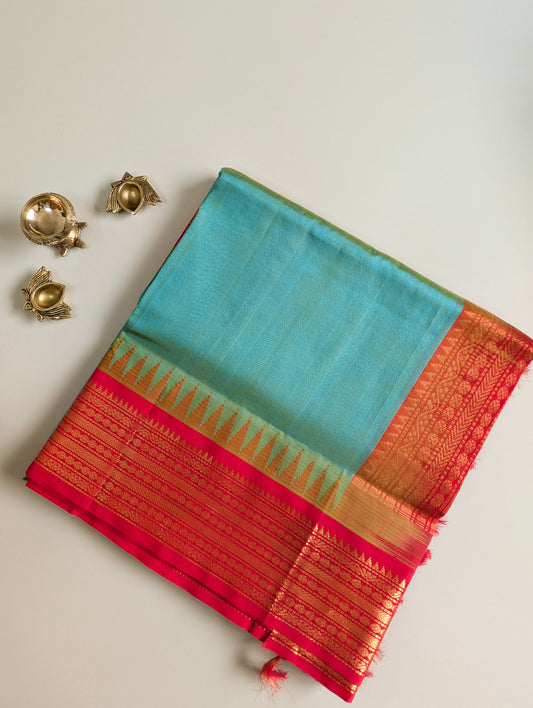 Blue with Red Temple border Pure Kanchi Silk Cotton Saree
