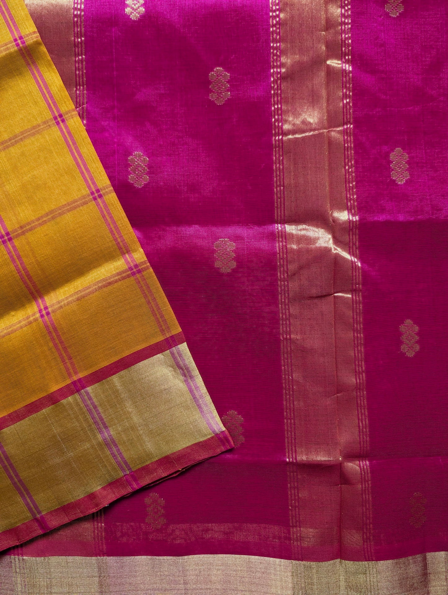 Yellow and Pink checks with Butta Pure Kanchi Silk Cotton Saree