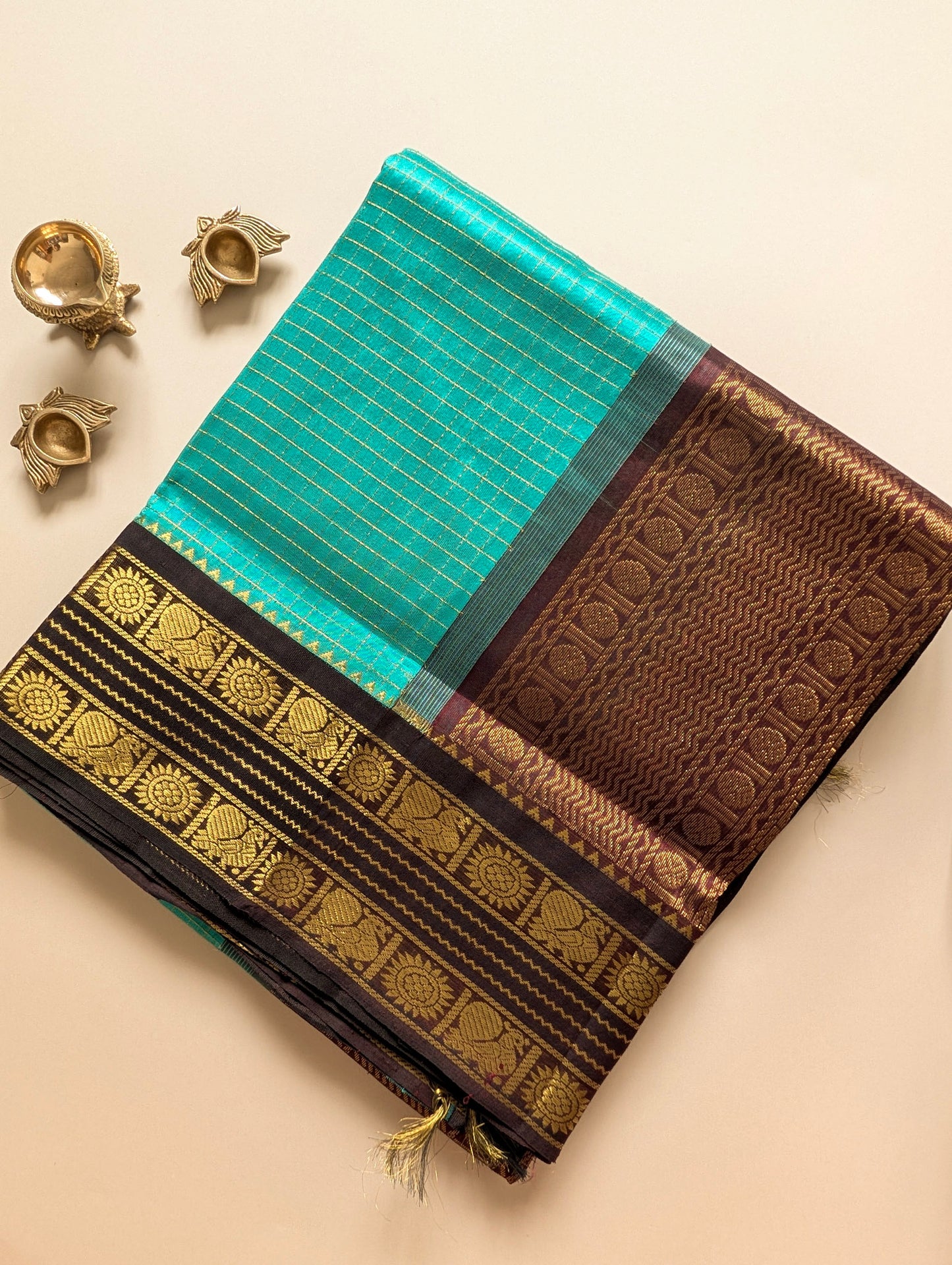 Cyan Blue with Coffee Brown Koravi Pure Kanchi Silk cotton Saree