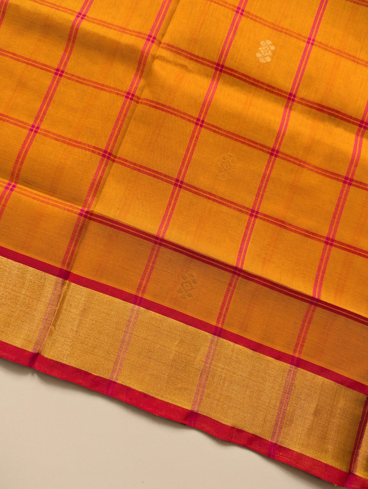 Yellow and Pink checks with Butta Pure Kanchi Silk Cotton Saree
