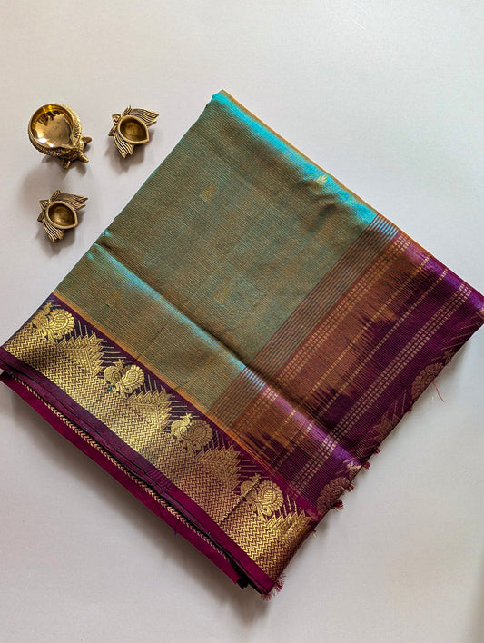 Dual shade Peacock green with purple Vaira Oosi Pura Kanchi Silk Cotton saree