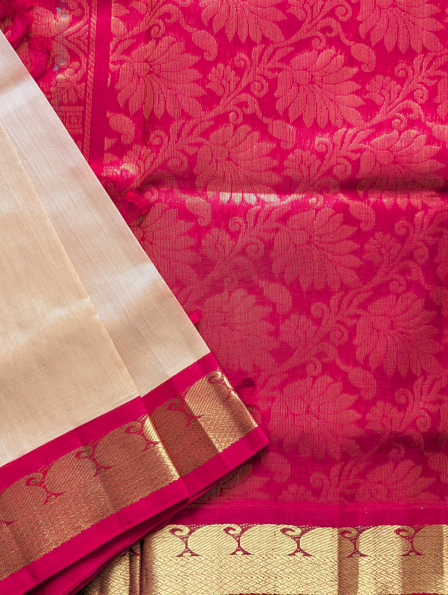 Beige with Red Pure Kanchi Silk Cotton saree