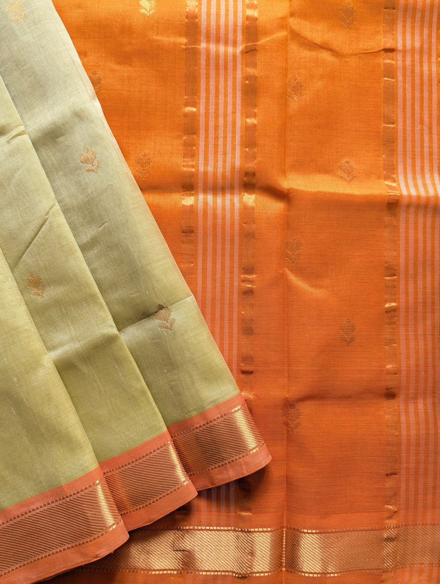 Pastel Green With Orange Pure Kanchi Silk Cotton Saree with Buttas