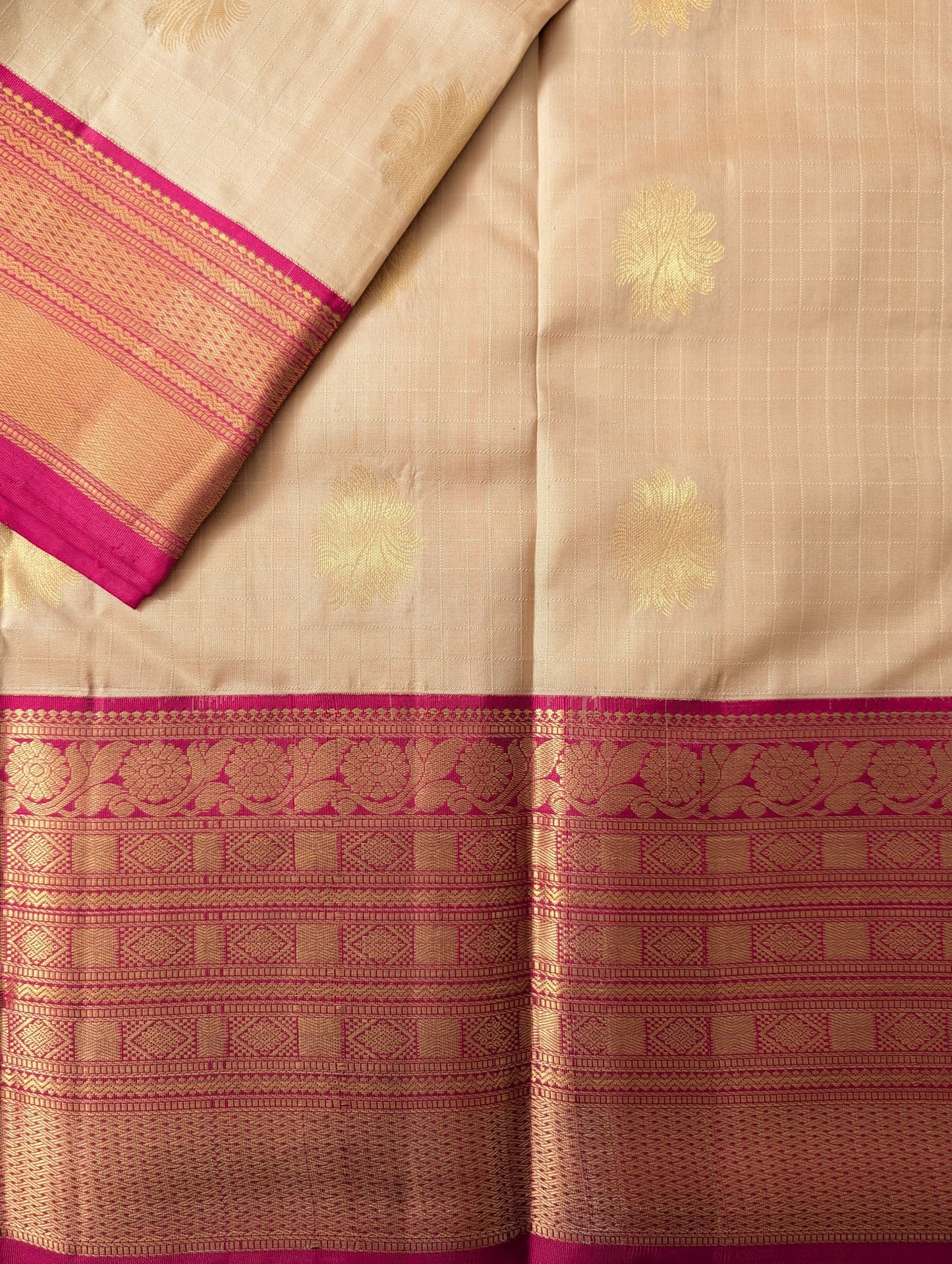 Beige and Pink Kanjeevaram Silk Saree