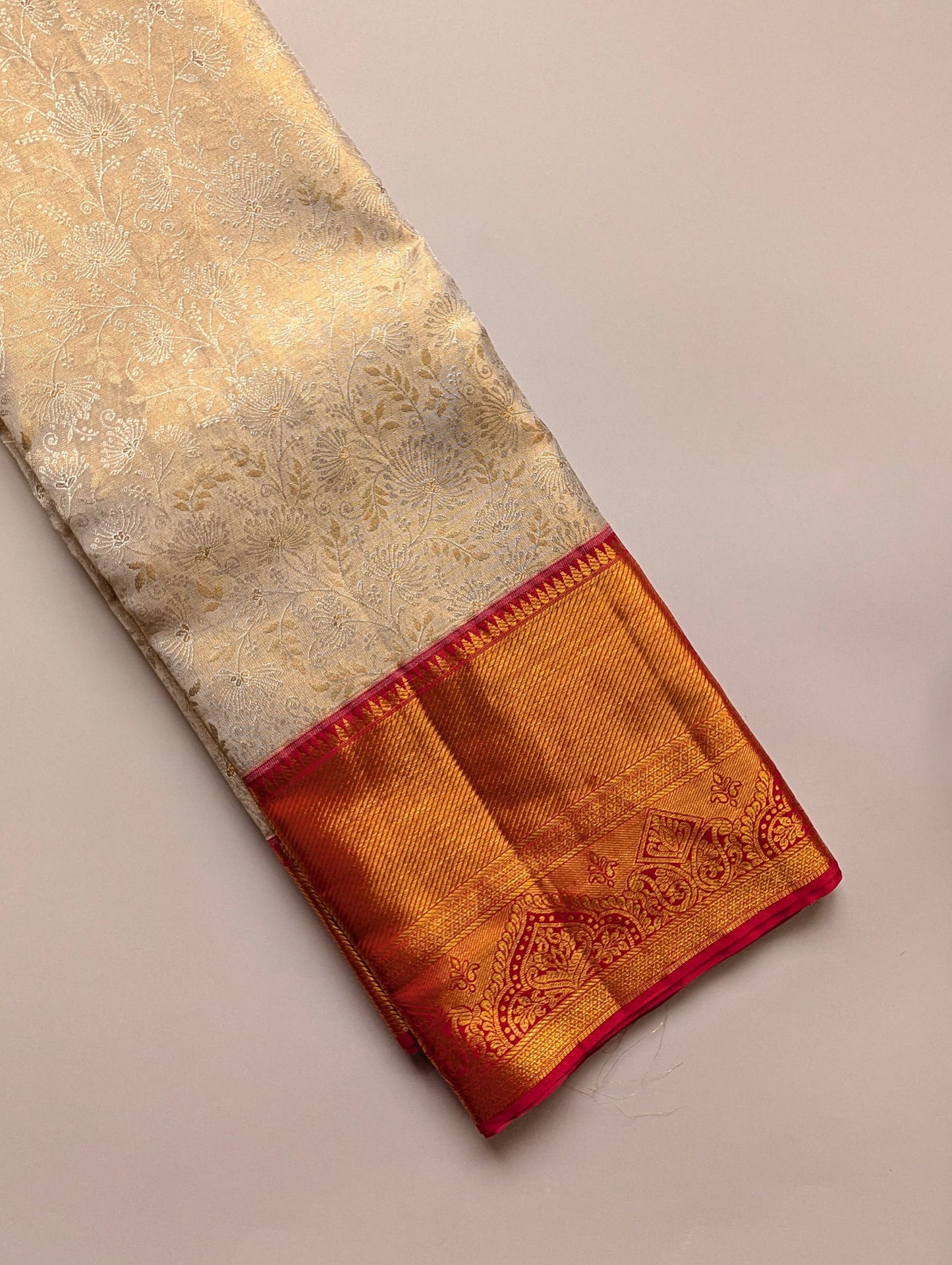 Cream and Red Dandelion Brocade Kanjeevaram Silk Saree
