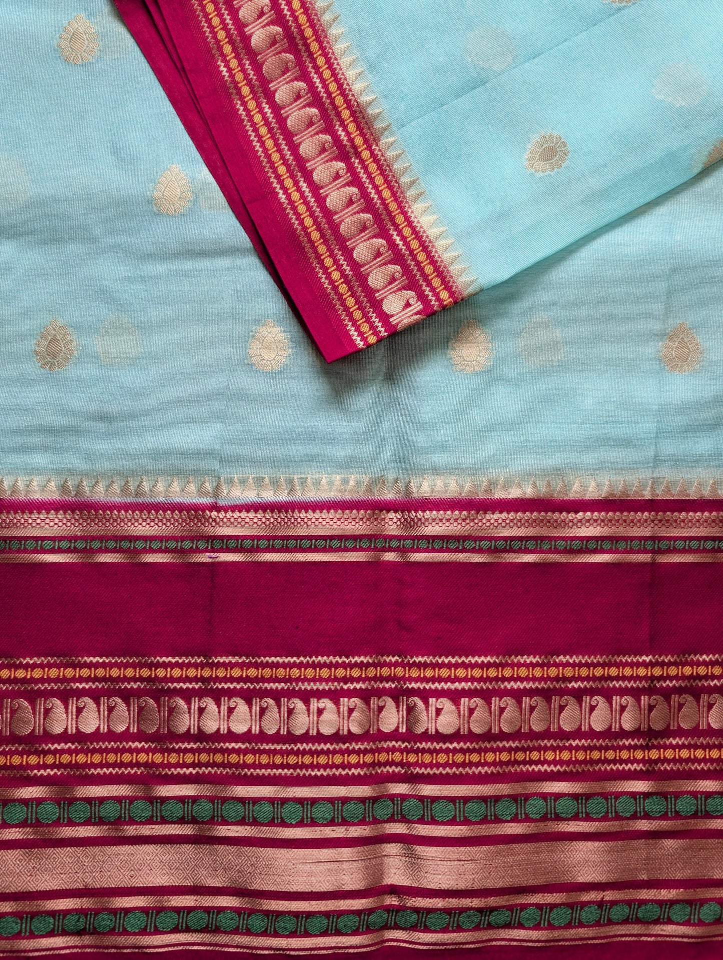 Cyan Blue with Maroon Warm Silk Saree