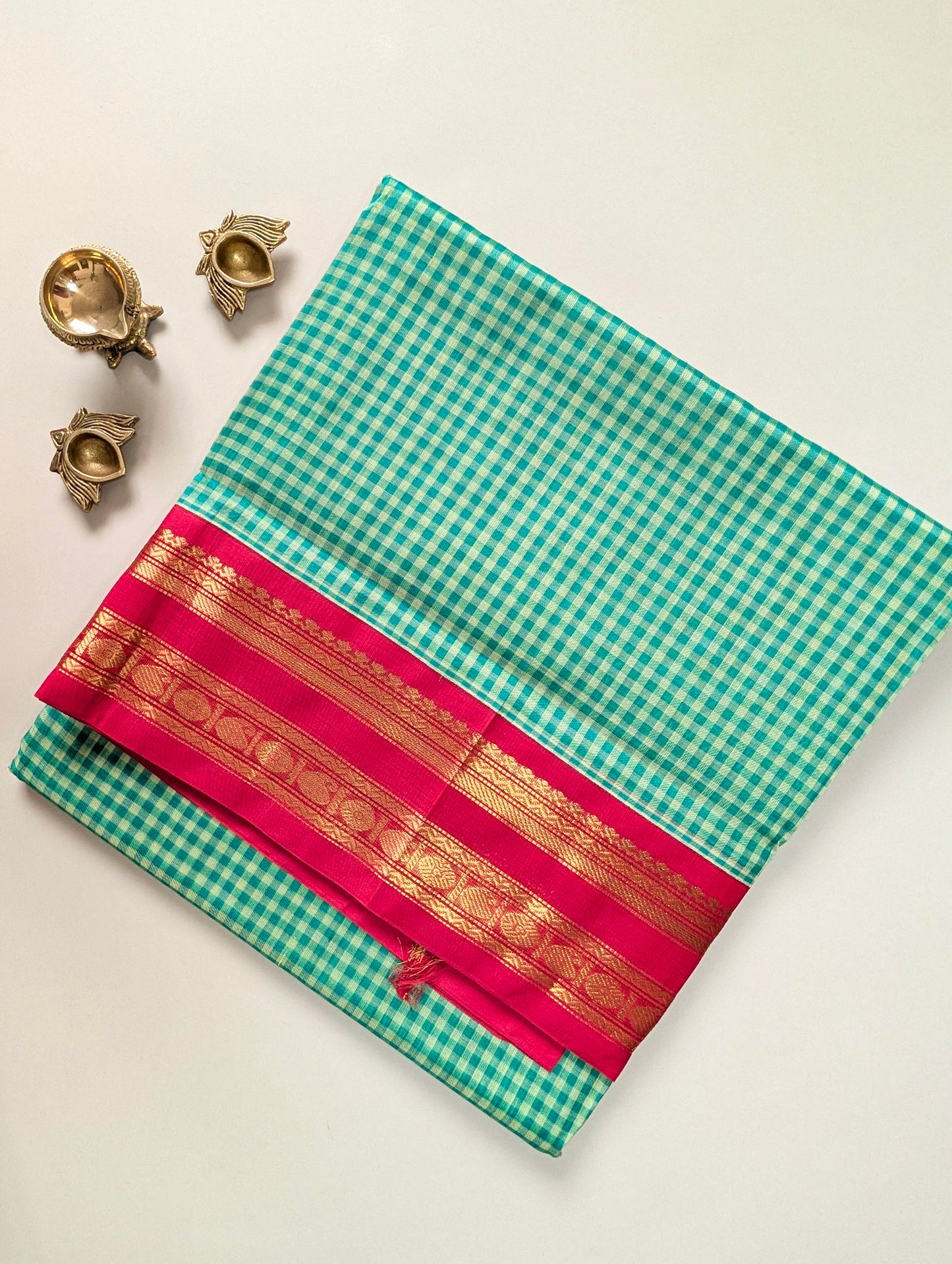 Green and white checks with red border kanchi silk saree