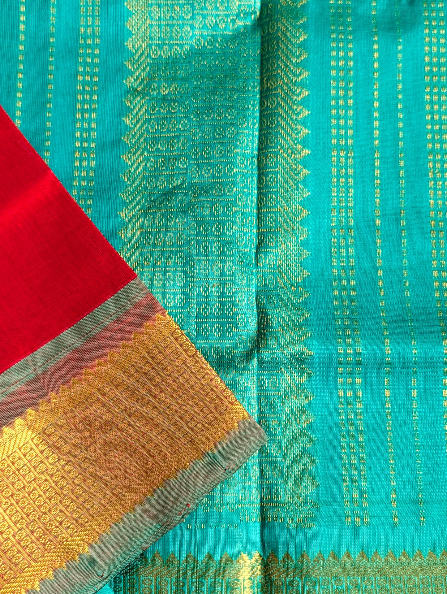 Red with Turquoise Pure Kanchi silk cotton saree