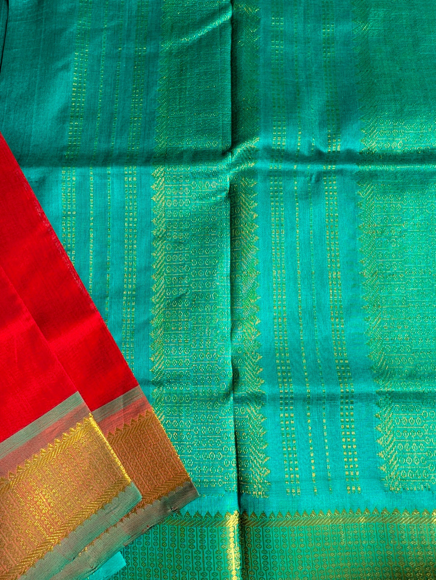 Red with Turquoise Pure Kanchi silk cotton saree