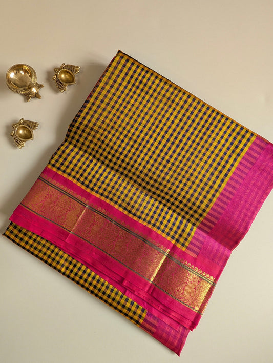 Yellow and black checks with pink peacock border