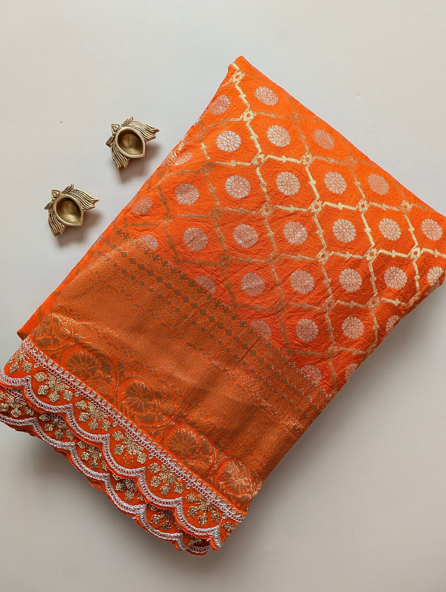Ananya Maam Inspired Orange Semi Banarasi Silk Saree with Scallop Border
