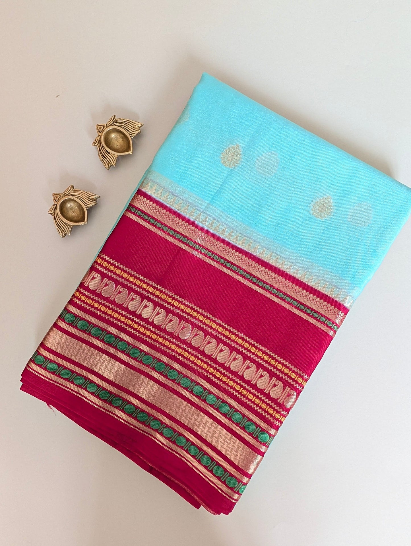 Cyan Blue with Maroon Warm Silk Saree