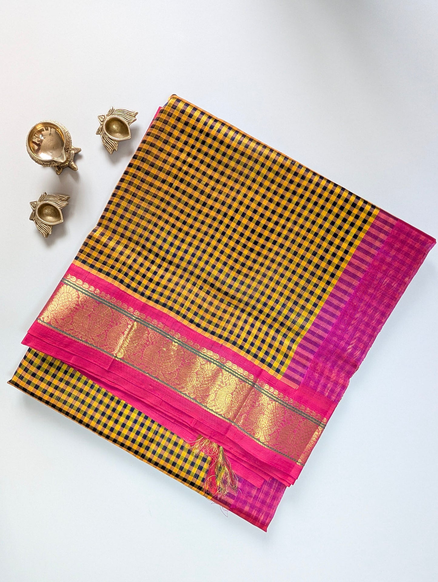 Yellow and black checks with pink peacock border