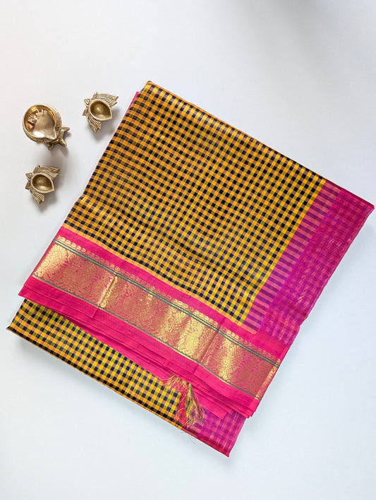 Yellow and black checks with pink peacock border