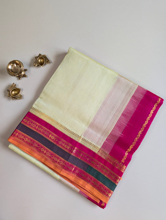 Light Pista Green with Pink border Koravi Pure Kanchi silk cotton