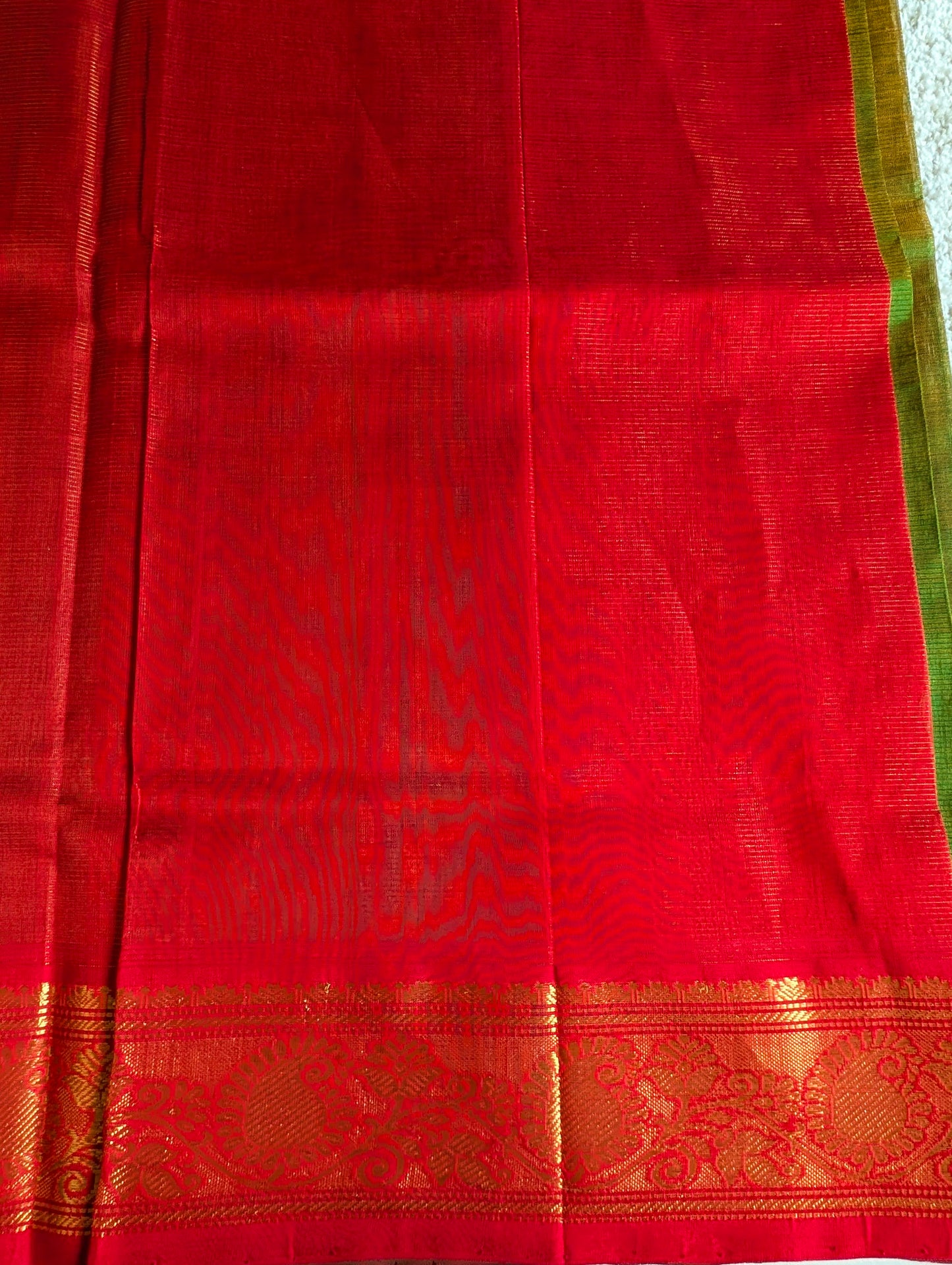 Green with Red Vaira Oosi Pure Kanchi Silk Cotton with Buttas
